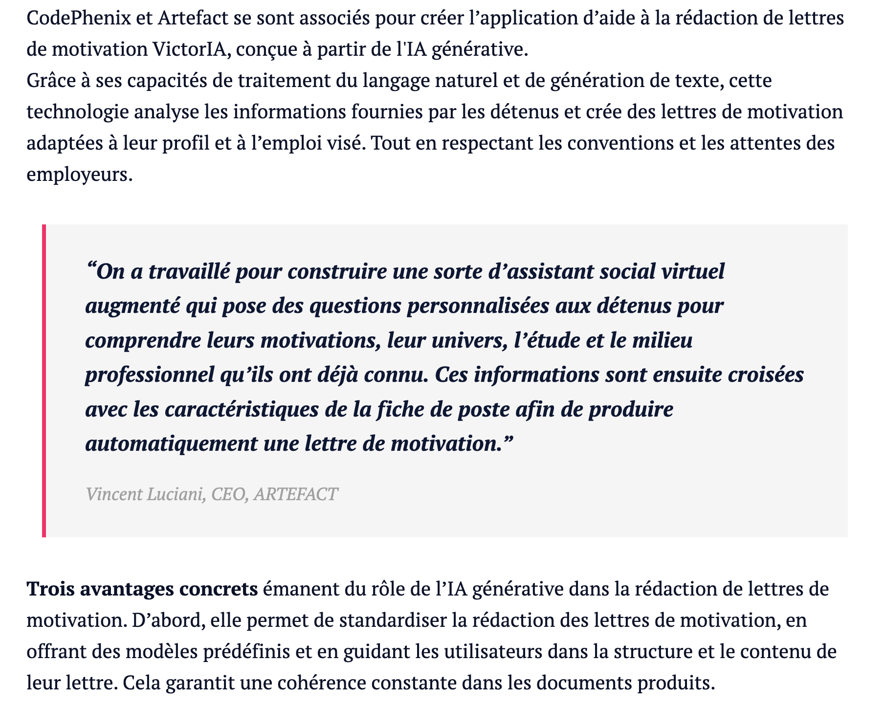 Extrait article VictorIA par Artefact, application GenAI pour la réinsertion des détenus